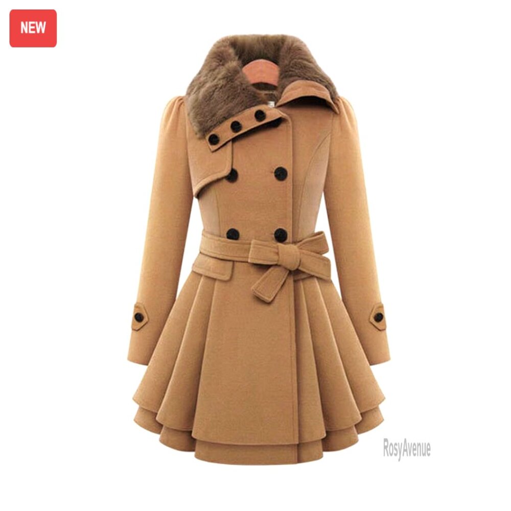 Double Breasted Trench Coat With Faux Fur Lapel Flared Hem Belted Winter Jacket